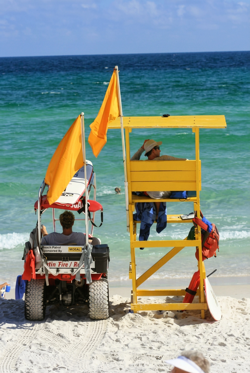 Lifeguard tower and beach patrol on Destin's emerald shoreline